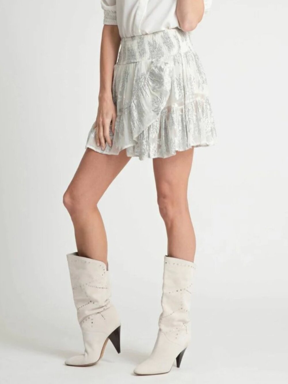Muche et Muchette Marquise Floral Foil Ruffle Hem Mini Skirt - White & Silver